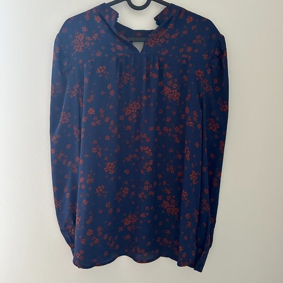 High neck, v-cut top, Size M, Full sleeves, navy blue with orange flowers - Picture 2 of 2